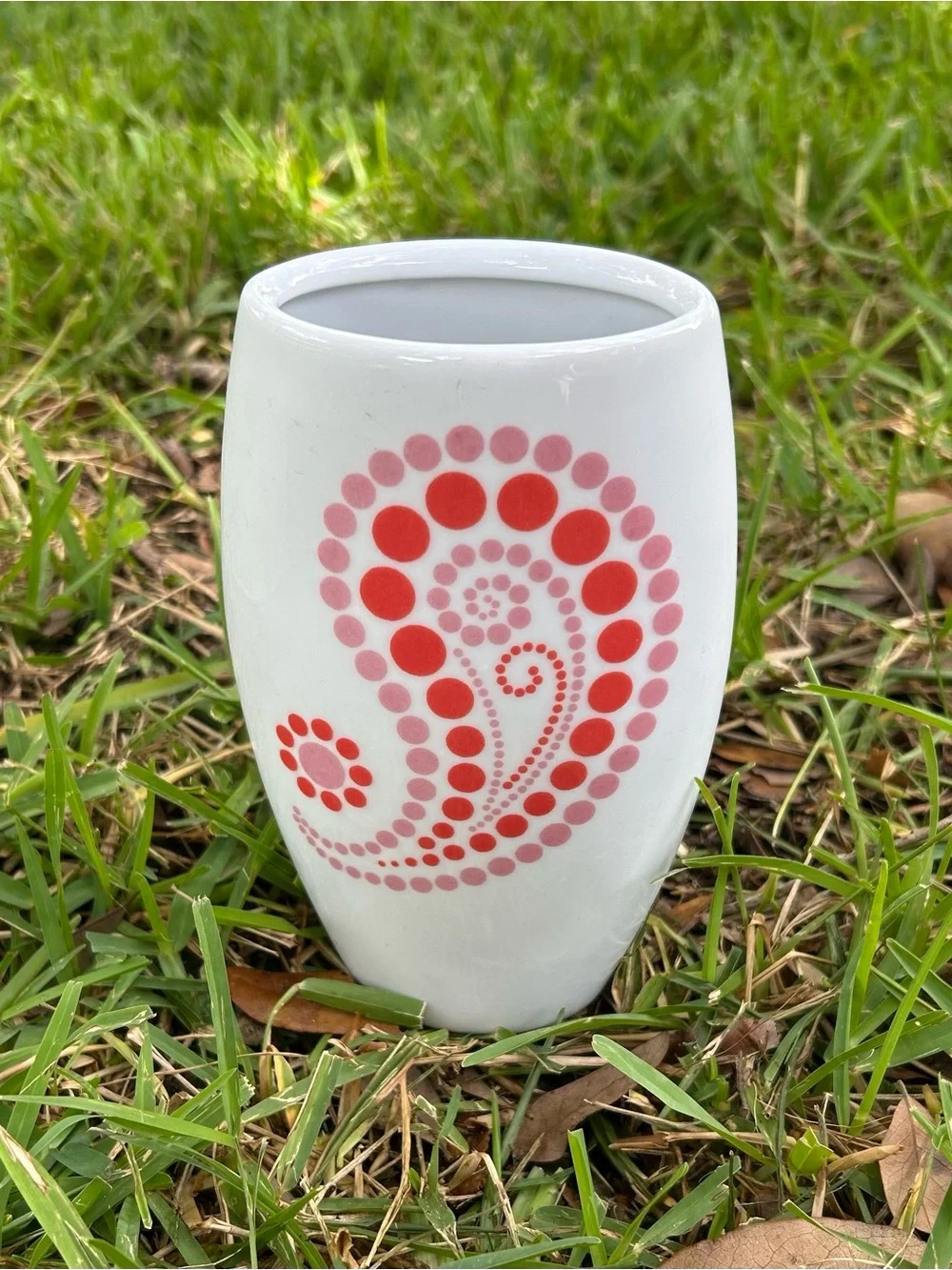 Poland White Ceramic Vase with Pink and Orange Dot Paisley Design